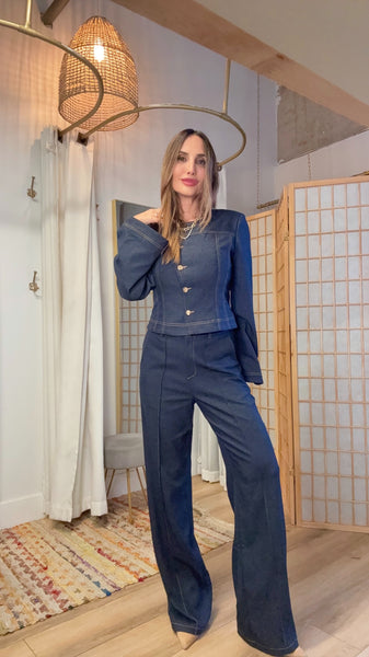 Maelis Dark-Light Denim Straight Pants & Cropped Gold-Button Jacket Set