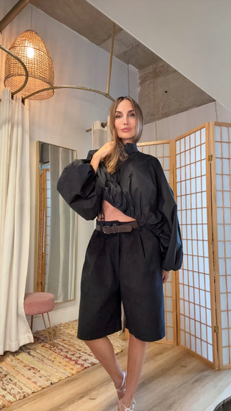 Carmen Black Corduroy Belted Bermuda Shorts