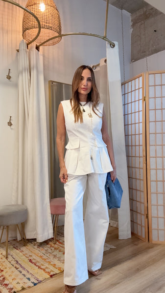Isabella White Structured Peplum Top & Straight Leg Pants Set | Green Grass Style