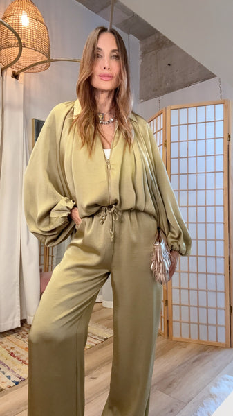 Olive Satin Wide Leg Pants & Draped Jacket Set