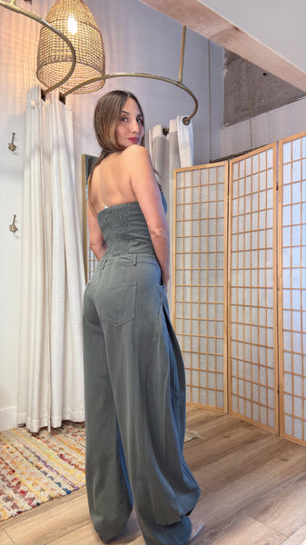 “Sorrel Jumpsuit – Military Green Halter with Harem Hem