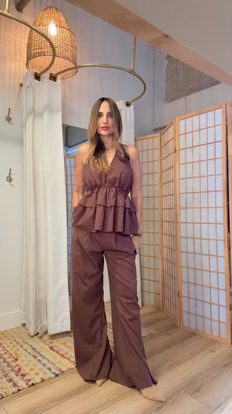 Elara Chocolate Set – Halter Peplum Top & Loose Linen-Blend Pants