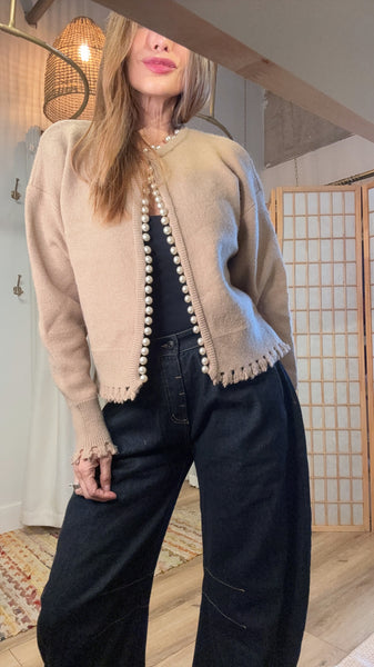 Solenne Caramel Pearl-Edged Cardigan – Lightweight Fall Knit
