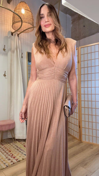 The Aelira Iridescent Plissé Maxi” – V-Neck Knit Dress with Shoulder Pads