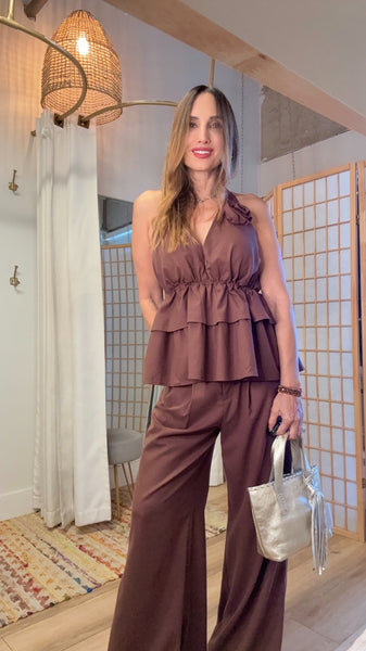 Elara Chocolate Set – Halter Peplum Top & Loose Linen-Blend Pants