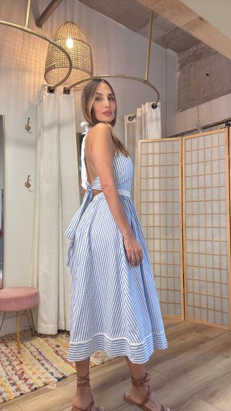 Sardinia sundress halter in baby blue stripes