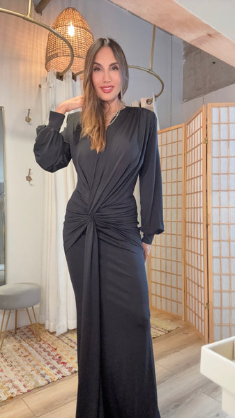 Osaka Maxi Dress — Black Draped Long Sleeve Dress
