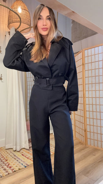 “Petra Cropped Trench – Black Belted Waist Jacket