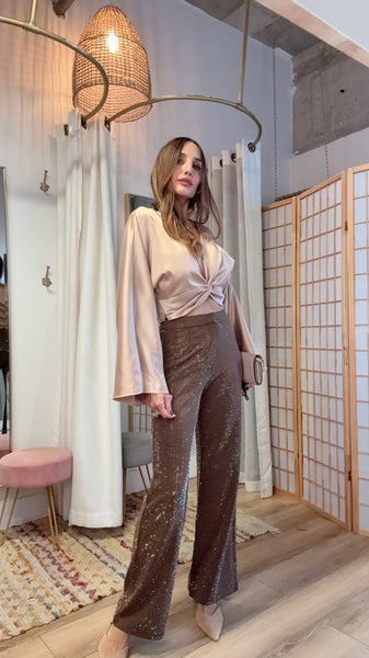 The Nyra Caramel Crystal Pants” – Tailored Straight-Leg Trousers