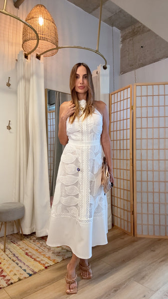 Valentina Off-White Embroidered Midi Dress | Elegant Women’s Occasion Dress | Green Grass Style