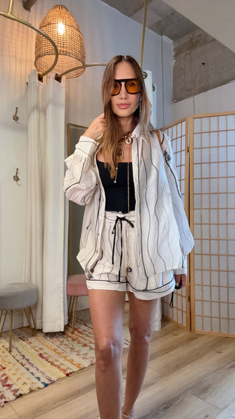 Ivory Embroidered Shirt & Shorts Set | Resort Wear | Green Grass Style
