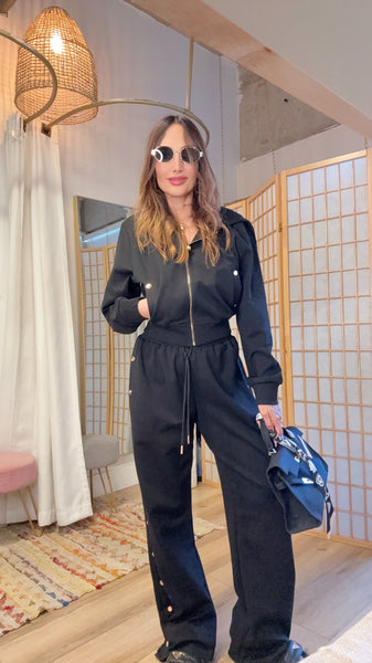 Solange Jogger Luxe Set – Cropped Hoodie with Rose Gold Buttons | Travel Outfit Women