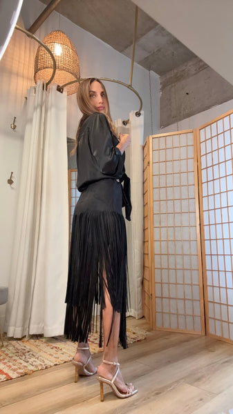 Agus Vegan Suede Fringe Midi Skirt
