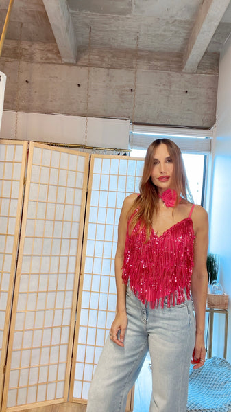 Abi sequined fringes top in pink