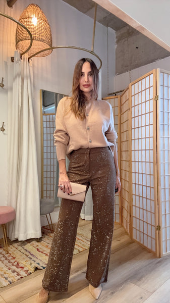The Nyra Caramel Crystal Pants” – Tailored Straight-Leg Trousers