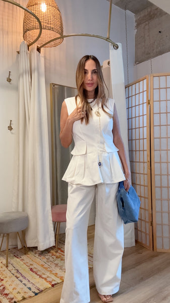 Isabella White Structured Peplum Top & Straight Leg Pants Set | Green Grass Style