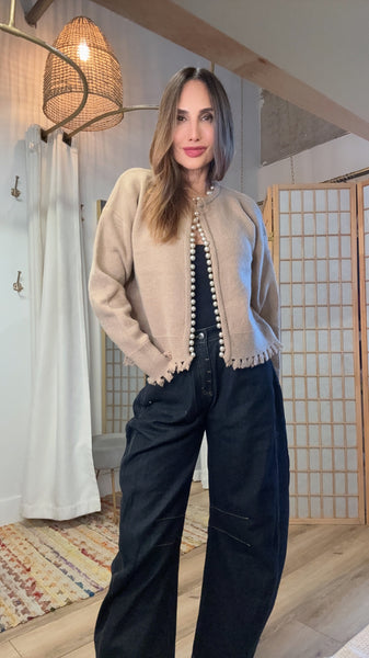 Solenne Caramel Pearl-Edged Cardigan – Lightweight Fall Knit
