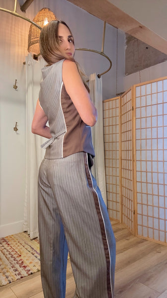 Isolde Light Brown Contrast Vest & Pants Set – Chic Lightweight Work & Night Outfit