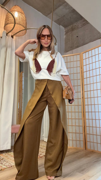Renata Tobacco Overlay Wide-Leg Pants