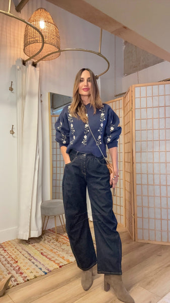 Vionna Dark Denim Barrel Pants – Caramel Stitching Lightweight Fall Denim