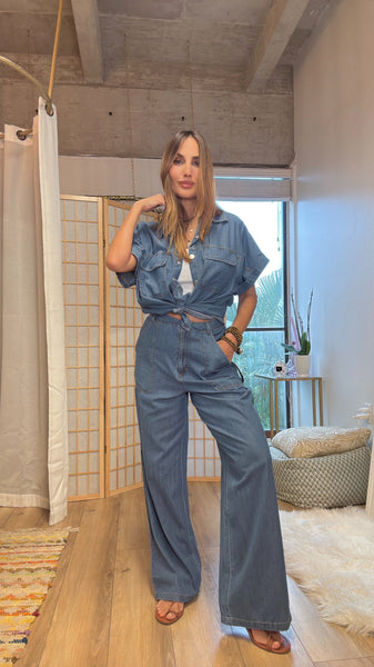 City Breeze: Light Denim Short Sleeve & Loose Fit pants  , set