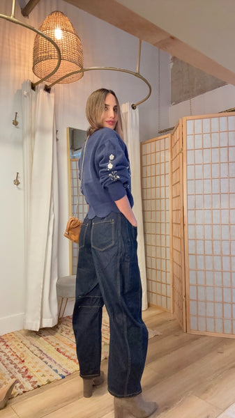 Vionna Dark Denim Barrel Pants – Caramel Stitching Lightweight Fall Denim