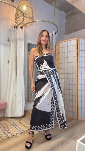 Paxos black strappless nautical print dress
