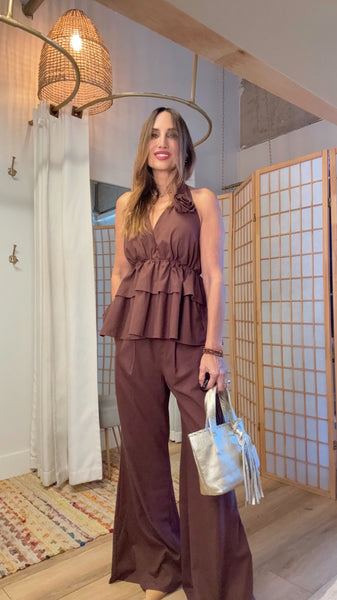 Elara Chocolate Set – Halter Peplum Top & Loose Linen-Blend Pants