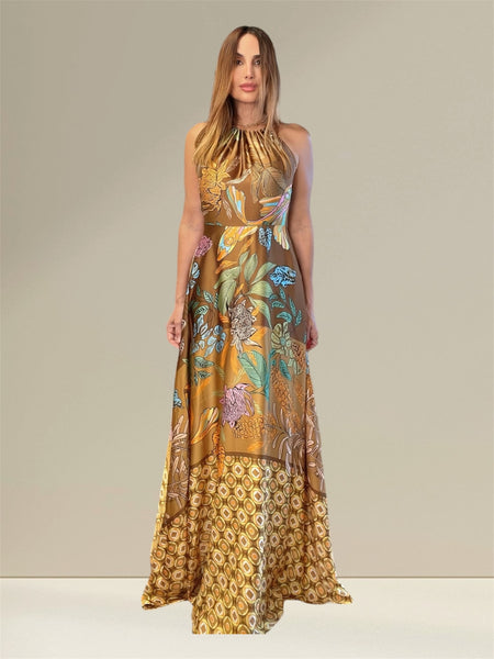 Anitta golden brown tropical print  flowy maxi dress