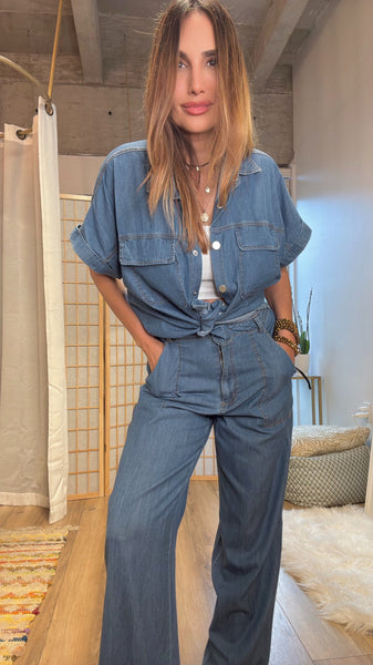 City Breeze: Light Denim Short Sleeve & Loose Fit pants  , set