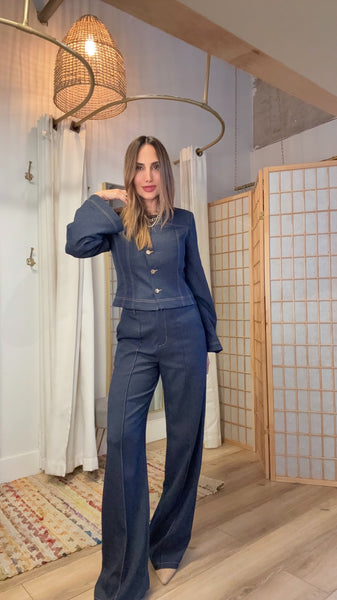 Maelis Dark-Light Denim Straight Pants & Cropped Gold-Button Jacket Set