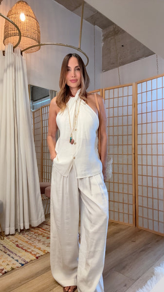 Cream Halter Button Top & Wide Leg Pants Set | Resort Wear | Green Grass Style