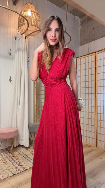 The Aelira Iridescent Plissé Maxi” – V-Neck Knit Dress with Shoulder Pads