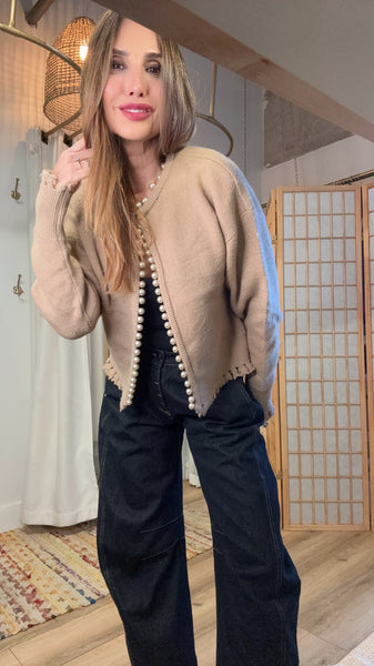 Solenne Caramel Pearl-Edged Cardigan – Lightweight Fall Knit