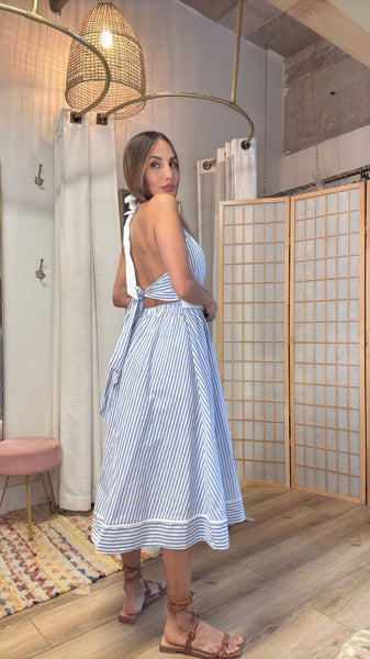 Sardinia sundress halter in baby blue stripes