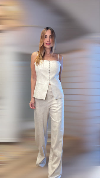 Luna's Linen Dreams: Neutral Strappy Top & Pants Set"