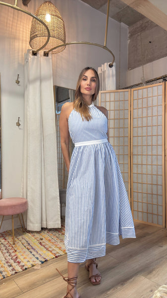 Sardinia sundress halter in baby blue stripes