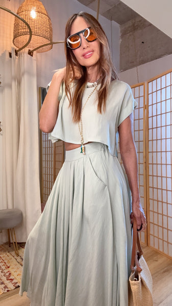 Mint Cropped Top & Flounce A-Line Skirt Set | Resort Wear | Green Grass Style