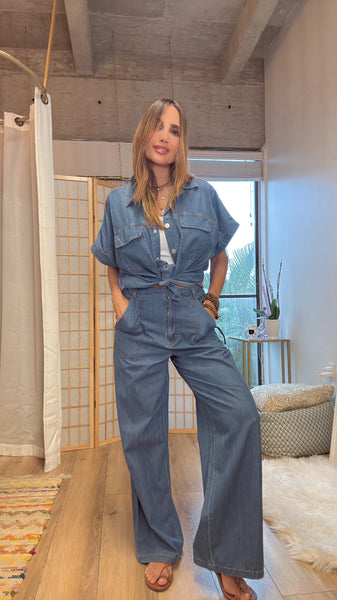 City Breeze: Light Denim Short Sleeve & Loose Fit pants  , set
