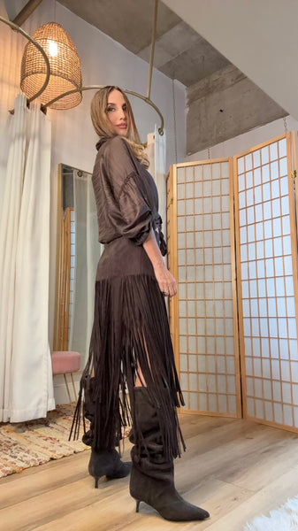 Agus Vegan Suede Fringe Midi Skirt
