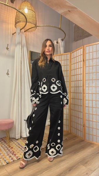 “Berlin Black Oversized Set with White Crochet Trim”