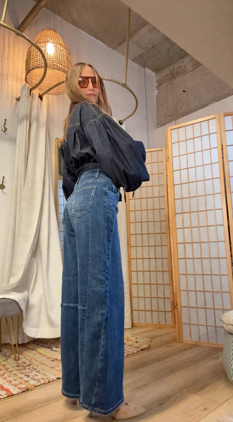 Ines High-Rise Barrel Leg Jeans | Blue Denim