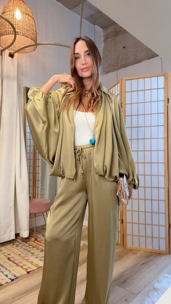 Olive Satin Wide Leg Pants & Draped Jacket Set