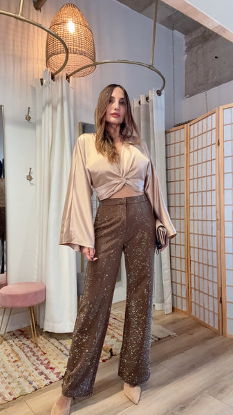 The Nyra Caramel Crystal Pants” – Tailored Straight-Leg Trousers