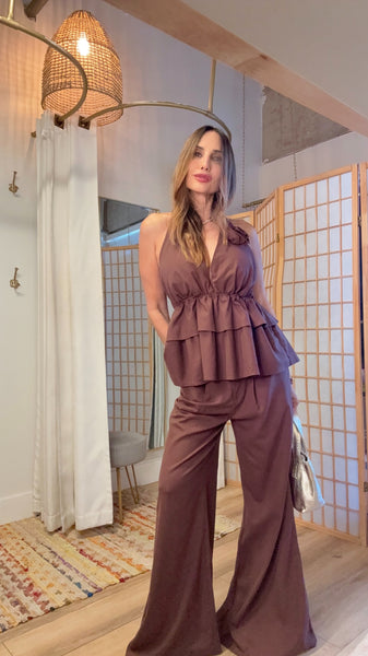 Elara Chocolate Set – Halter Peplum Top & Loose Linen-Blend Pants