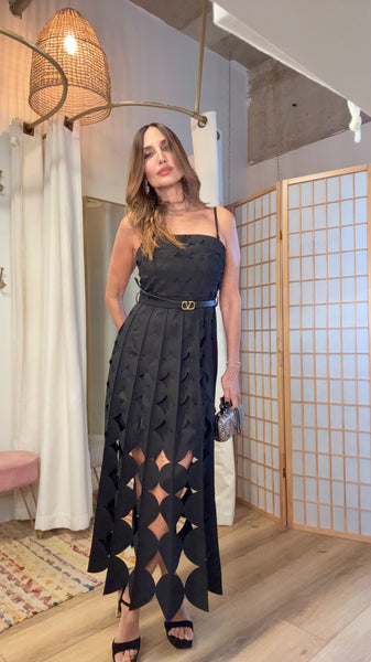 The Elara Laser Dress” – Waist-Cut Midi with Belt