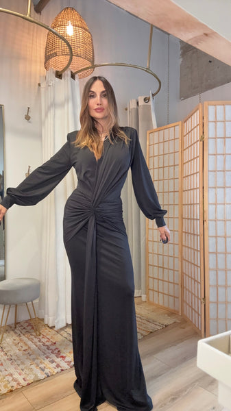 Osaka Maxi Dress — Black Draped Long Sleeve Dress