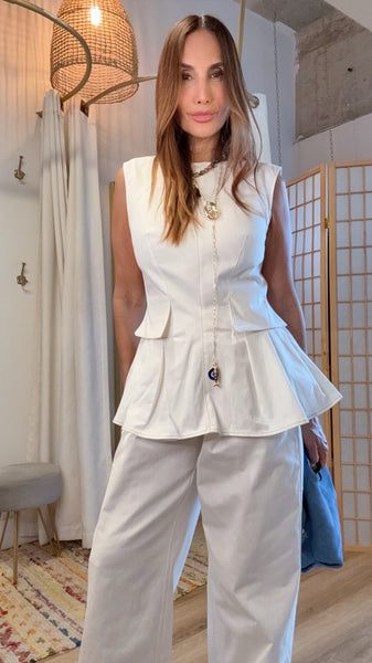 Isabella White Structured Peplum Top & Straight Leg Pants Set | Green Grass Style