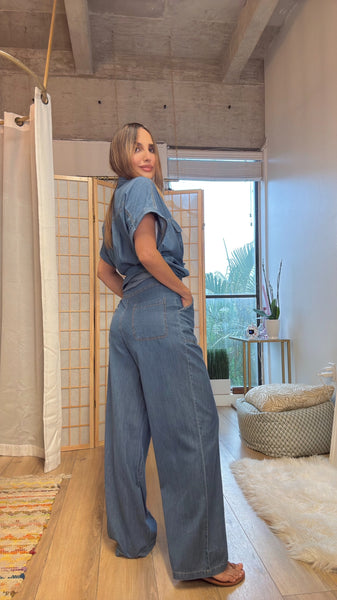 City Breeze: Light Denim Short Sleeve & Loose Fit pants  , set