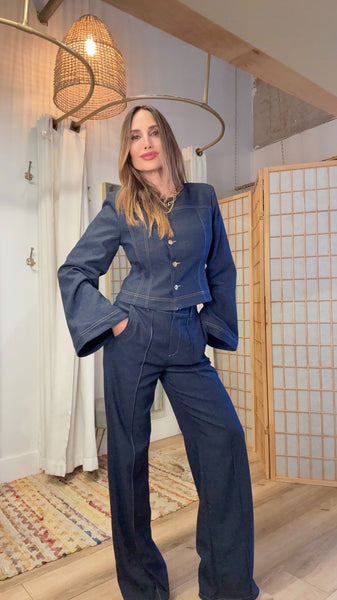 Maelis Dark-Light Denim Straight Pants & Cropped Gold-Button Jacket Set